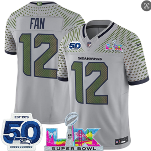 Men's Seattle Seahawks #12 Fan Gray 2025 F.U.S.E. Super Bowl LX Patch And 50th Season Patch ?Rivalries? Vapor Limited Football Stitched Jersey