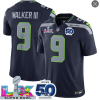 Men's Seattle Seahawks #9 Kenneth Walker III Navy 2025 F.U.S.E. Super Bowl LX Patch And 50th Season Patch Vapor Limited Football Stitched Jersey