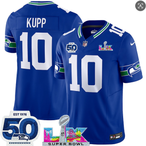 Men's Seattle Seahawks#10 Cooper Kupp Royal 2025 F.U.S.E. Super Bowl LX Patch And 50th Season Patch Vapor Throwback Limited Football Stitched Jersey