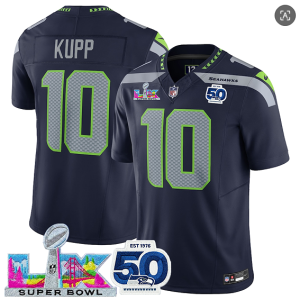 Men's Seattle Seahawks #10 Cooper Kupp Navy 2025 F.U.S.E. Super Bowl LX Patch And 50th Season Patch Vapor Limited Football Stitched Jersey