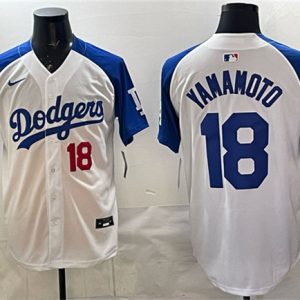 Men's Los Angeles Dodgers #18 Yoshinobu Yamamoto White Royal 2025 World Series Limited Stitched Baseball Jersey