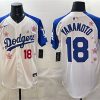 Men's Los Angeles Dodgers #18 Yoshinobu Yamamoto White Royal 2025 World Series Champions Patch Tokyo Series Limited Stitched Baseball Jersey