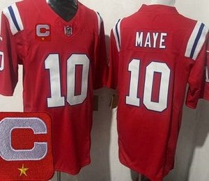 Men's New England Patriots #10 Drake Maye Limited Red Captain Patch FUSE Vapor Jersey