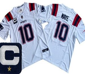 Men's New England Patriots #10 Drake Maye Limited White Captain Patch FUSE Vapor Jersey