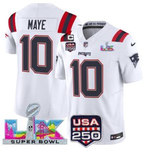 Men's New England Patriots #10 Drake Maye White 2025 F.U.S.E. Super Bowl LX Patch USA 250' Patch Vapor Limited Football Stitched Jersey