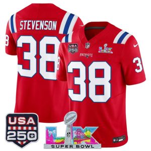 Men's New England Patriots #38 Rhamondre Stevenson Red 2025 F.U.S.E. Super Bowl LX Patch And USA 250' Patch Vapor Limited Football Stitched Jersey