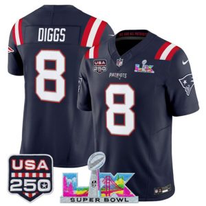 Men's New England Patriots #8 Stefon Diggs Navy 2025 F.U.S.E. Super Bowl LX Patch And USA 250' Patch Vapor Limited Football Stitched Jersey