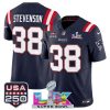 Men's New England Patriots #38 Rhamondre Stevenson Navy 2025 F.U.S.E. Super Bowl LX Patch And USA 250' Patch Vapor Limited Football Stitched Jersey