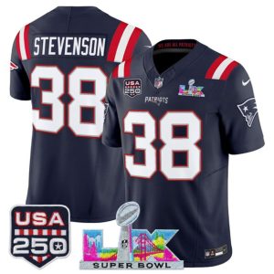 Men's New England Patriots #38 Rhamondre Stevenson Navy 2025 F.U.S.E. Super Bowl LX Patch And USA 250' Patch Vapor Limited Football Stitched Jersey