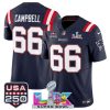 Men's New England Patriots #66 Will Campbell Navy 2025 F.U.S.E. Super Bowl LX Patch And USA 250' Patch Vapor Limited Football Stitched Jersey