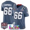 Men's New England Patriots #66 Will Campbell Storm Blue 2025 F.U.S.E. Super Bowl LX & USA 250' Patch ?Rivalries? Vapor Limited Football Stitched Jersey