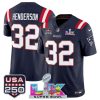 Men's New England Patriots #32 TreVeyon Henderson Navy 2025 F.U.S.E. Super Bowl LX Patch And USA 250' Patch Vapor Limited Football Stitched Jersey