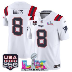 Men's New England Patriots #8 Stefon Diggs White 2025 F.U.S.E. Super Bowl LX Patch And USA 250' Patch Vapor Limited Football Stitched Jersey