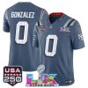 Men's New England Patriots #0 Christian Gonzalez Storm Blue 2025 F.U.S.E. Super Bowl LX & USA 250' Patch ?Rivalries? Vapor Limited Football Stitched Jersey