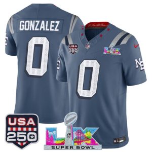 Men's New England Patriots #0 Christian Gonzalez Storm Blue 2025 F.U.S.E. Super Bowl LX & USA 250' Patch ?Rivalries? Vapor Limited Football Stitched Jersey