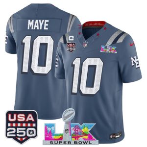Men's New England Patriots #10 Drake Maye Storm Blue 2025 F.U.S.E. 1-Star C Patch And Super Bowl LX Patch & USA 250' Patch ?Rivalries? Vapor Limited Football Stitched Jersey
