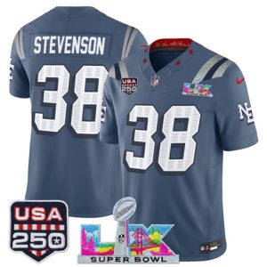 Men's New England Patriots #38 Rhamondre Stevenson Storm Blue 2025 F.U.S.E. Super Bowl LX & USA 250' Patch ?Rivalries? Vapor Limited Football Stitched Jersey