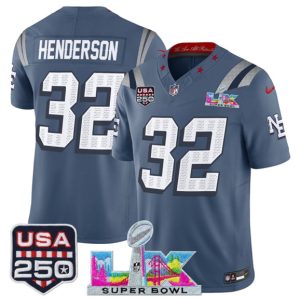 Men's New England Patriots #32 TreVeyon Henderson Storm Blue 2025 F.U.S.E. Super Bowl LX & USA 250' Patch ?Rivalries? Vapor Limited Football Stitched Jersey