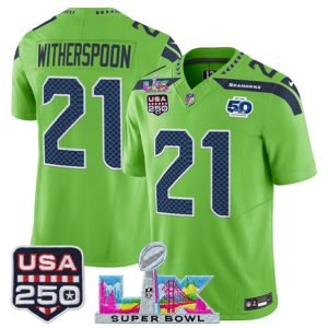 Men's Seattle Seahawks #21 Devon Witherspoon Green 2025 F.U.S.E. Super Bowl LX Patch And 50th Season & USA 250' Patch Vapor Limited Football Stitched Jersey