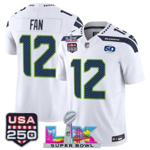 Men's Seattle Seahawks #12 Fan White 2025 F.U.S.E. Super Bowl LX Patch And 50th Season & USA 250' Patch Vapor Limited Football Stitched Jersey