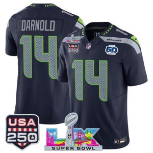 Men's Seattle Seahawks #14 Sam Darnold Navy 2025 F.U.S.E. Super Bowl LX Patch And 50th Season & USA 250' Patch Vapor Throwback Limited Football Stitched Jersey