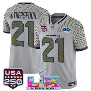 Men's Seattle Seahawks #21 Devon Witherspoon Gray 2025 F.U.S.E. Super Bowl LX & US 250th anniversary Patch And 50th Season Patch ?Rivalries? Vapor Limited Football Stitched Jersey