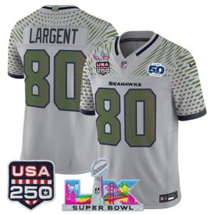 Men's Seattle Seahawks #80 Steve Largent Gray 2025 F.U.S.E. Super Bowl LX & US 250th anniversary Patch And 50th Season Patch ?Rivalries? Vapor Limited Football Stitched Jersey