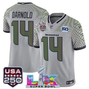 Men's Seattle Seahawks #14 Sam Darnold Gray 2025 F.U.S.E. Super Bowl LX & US 250th anniversary Patch And 50th Season Patch ?Rivalries? Vapor Limited Football Stitched Jersey