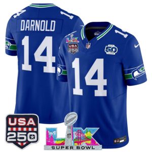 Men's Seattle Seahawks #14 Sam Darnold Royal 2025 F.U.S.E. Super Bowl LX Patch And 50th Season & USA 250' Patch Vapor Throwback Limited Football Stitched Jersey