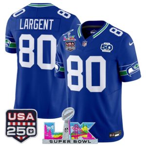 Men's Seattle Seahawks #80 Steve Largent Royal 2025 F.U.S.E. Super Bowl LX Patch And 50th Season & USA 250' Patch Vapor Throwback Limited Football Stitched Jersey