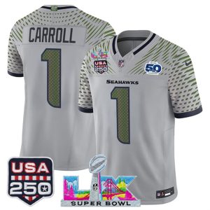 Men's Seattle Seahawks #1 Pete Carroll Gray 2025 F.U.S.E. Super Bowl LX & US 250th anniversary Patch And 50th Season Patch ?Rivalries? Vapor Limited Football Stitched Jersey