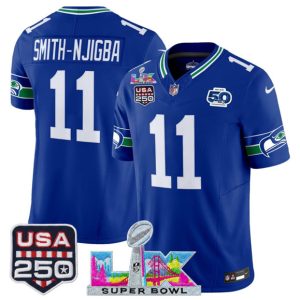 Men's Seattle Seahawks #11 Jaxon Smith-Njigba Royal 2025 F.U.S.E. Super Bowl LX Patch And 50th Season & USA 250' Patch Vapor Throwback Limited Football Stitched Jersey