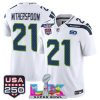 Men's Seattle Seahawks #21 Devon Witherspoon White 2025 F.U.S.E. Super Bowl LX Patch And 50th Season & USA 250' Patch Vapor Limited Football Stitched Jersey