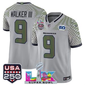 Men's Seattle Seahawks #9 Kenneth Walker III Gray 2025 F.U.S.E. Super Bowl LX & US 250th anniversary Patch And 50th Season Patch ?Rivalries? Vapor Limited Football Stitched Jersey