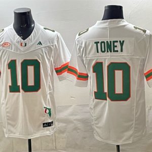 Men's Miami Hurricanes #10 Malachi Toney White F.U.S.E. Florida Patch Stitched Football Jersey