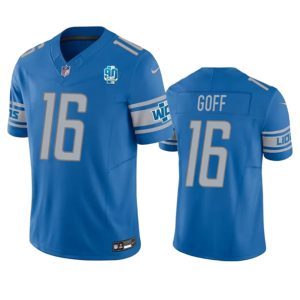 Men's Detroit Lions #16 Jared Goff Blue 2023 F.U.S.E. 90th Anniversary Patch Vapor Untouchable Limited Stitched Jersey