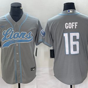 Men's Detroit Lions #16 Jared Goff Gray Cool Base Stitched Baseball Jersey