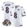 Men's Baltimore Ravens #8 Lamar Jackson White 2023 F.U.S.E With Patch Throwback Vapor Limited Stitched Jersey