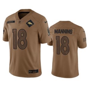Men's Denver Broncos #18 Peyton Manning 2023 Brown Salute To Service Limited Football Stitched Jersey