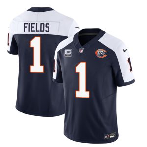 Men's Chicago Bears #1 Justin Fields Navy White 2023 F.U.S.E. With 1-star C PatchThrowback Limited Football Stitched Game Jersey