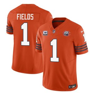 Men's Chicago Bears #1 Justin Fields Orange 2023 F.U.S.E. With 1-star C Patch Throwback Limited Football Stitched Game Jersey