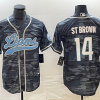 Men's Detroit Lions #14 Amon Ra St Brown Grey Camo With Patch Cool Base Stitched Baseball Jersey