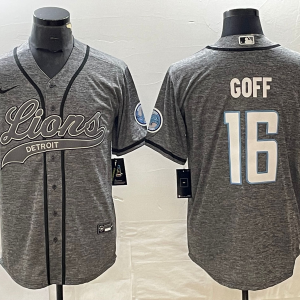 Men's Detroit Lions #16 Jared Goff Grey Gridiron With Patch Cool Base Stitched Baseball Jersey