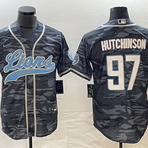 Men's Detroit Lions #97 Aidan Hutchinson Grey Camo With Patch Cool Base Stitched Baseball Jersey