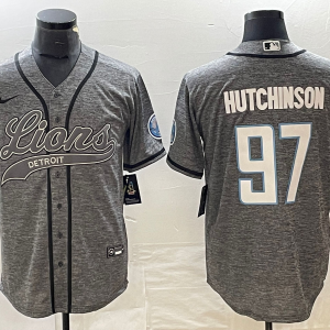 Men's Detroit Lions #97 Aidan Hutchinson Grey Gridiron With Patch Cool Base Stitched Baseball Jersey