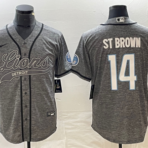 Men's Detroit Lions #14 Amon Ra St Brown Grey Gridiron With Patch Cool Base Stitched Baseball Jersey