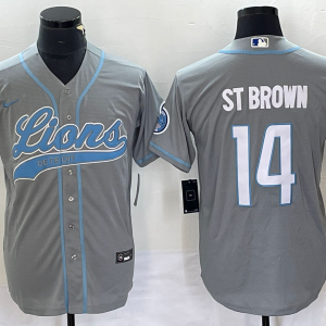 Men's Detroit Lions #14 Amon Ra St Brown Grey With Patch Cool Base Stitched Baseball Jersey