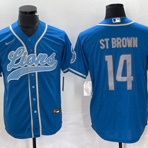 Men's Detroit Lions #14 Amon Ra St Brown Blue With Patch Cool Base Stitched Baseball Jersey