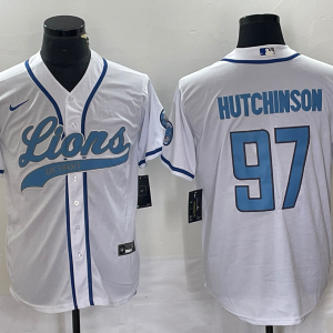 Men's Detroit Lions #97 Aidan Hutchinson White With Patch Cool Base Stitched Baseball Jersey