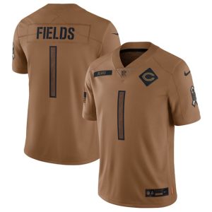 Men's Chicago Bears #1 Justin Fields 2023 Brown Salute To Service Limited Football Stitched Jersey